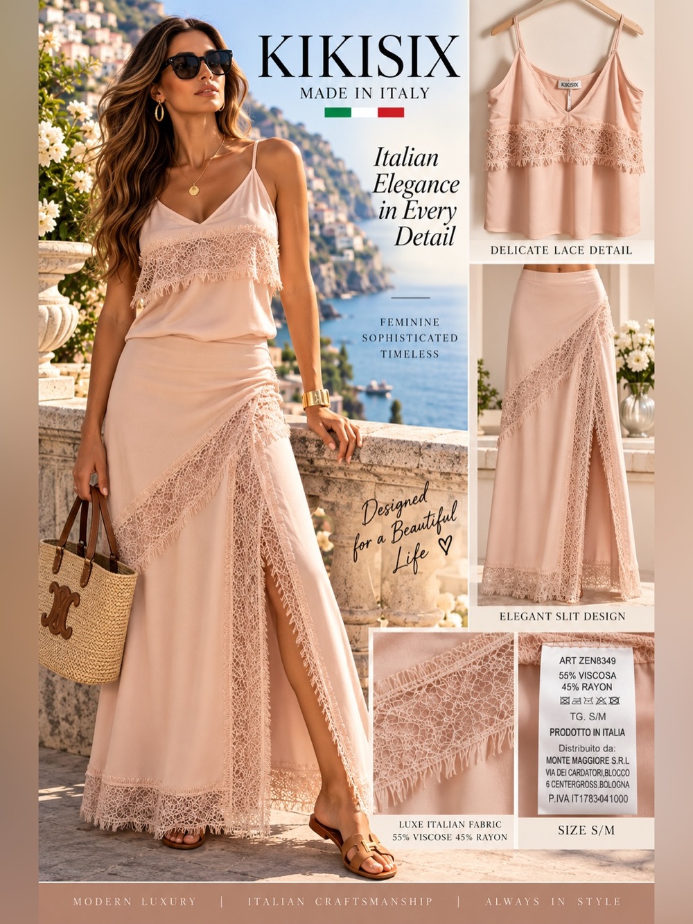 Kikisix Lace-Trim Maxi Skirt & Cami Set — Blush Pink